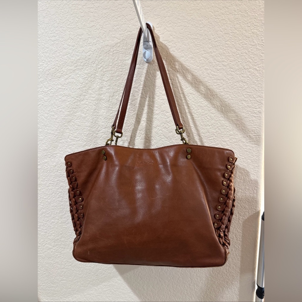 American‎ Leather Co. Lenox Glove Triple Entry  Braded Leather Tote Cognac Brown